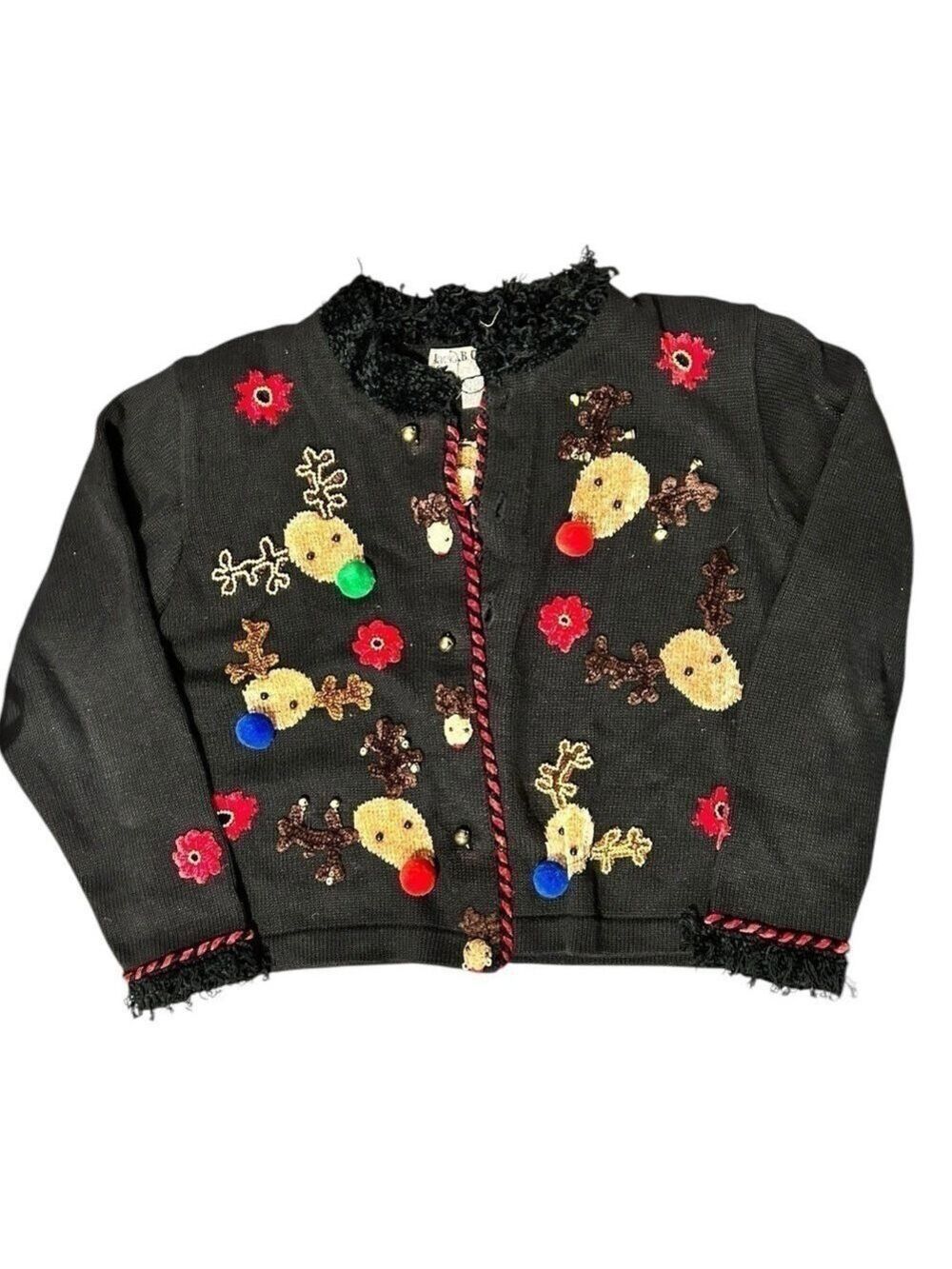 Jack B. Quick Vintage Christmas Sweater Reindeer Bells Poinsettias Size Medium